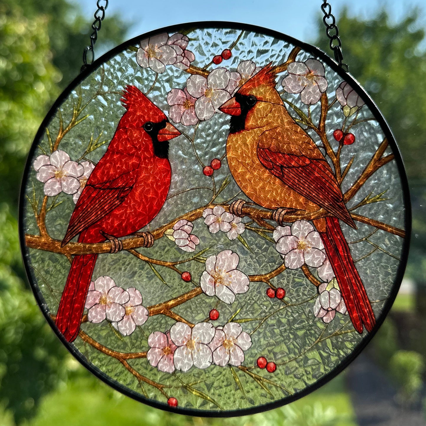 Cherry Blossom Cardinal Couple Suncatcher