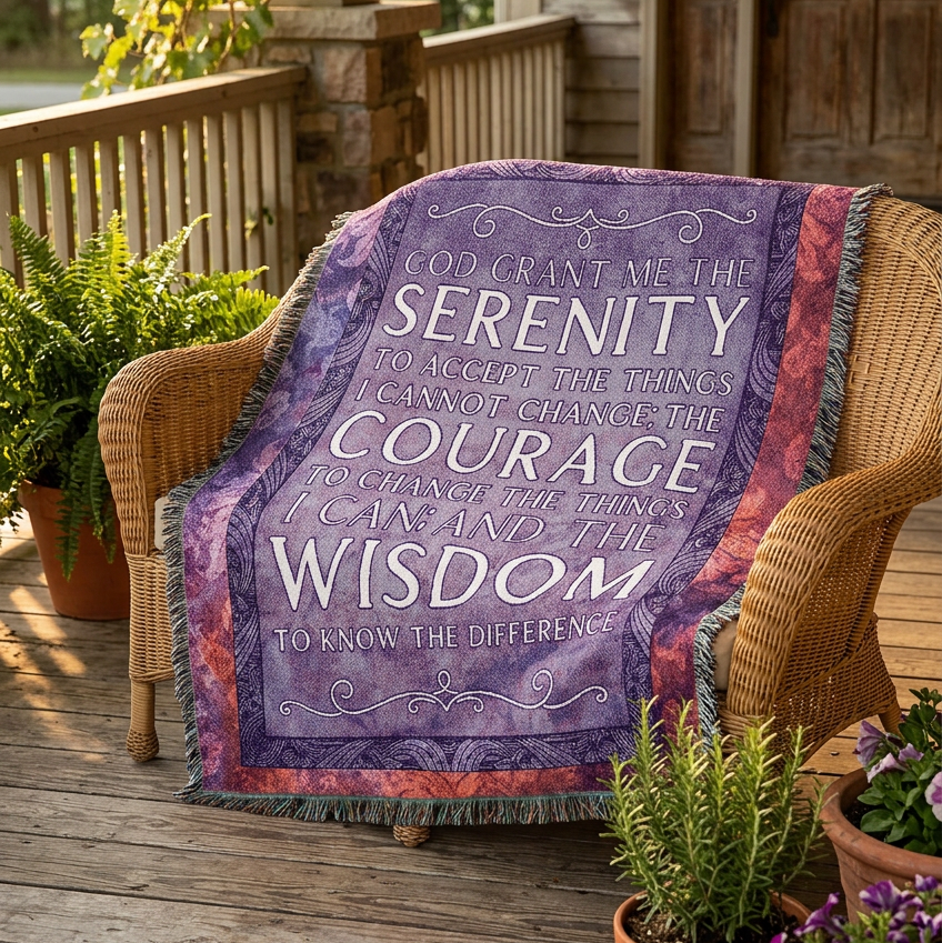 A square woven throw blanket with fringe edges, featuring a purple and lavender background with a central white typographic quote about serenity, courage, wisdom, and acceptance. The outer border has a mottled pattern of pink, orange, and purple tones.