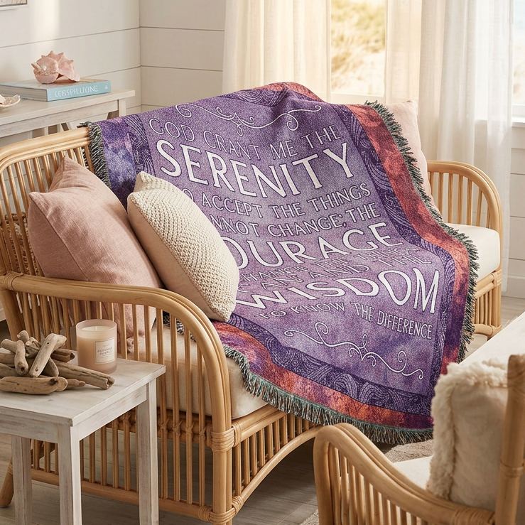 A square woven throw blanket with fringe edges, featuring a purple and lavender background with a central white typographic quote about serenity, courage, wisdom, and acceptance. The outer border has a mottled pattern of pink, orange, and purple tones.