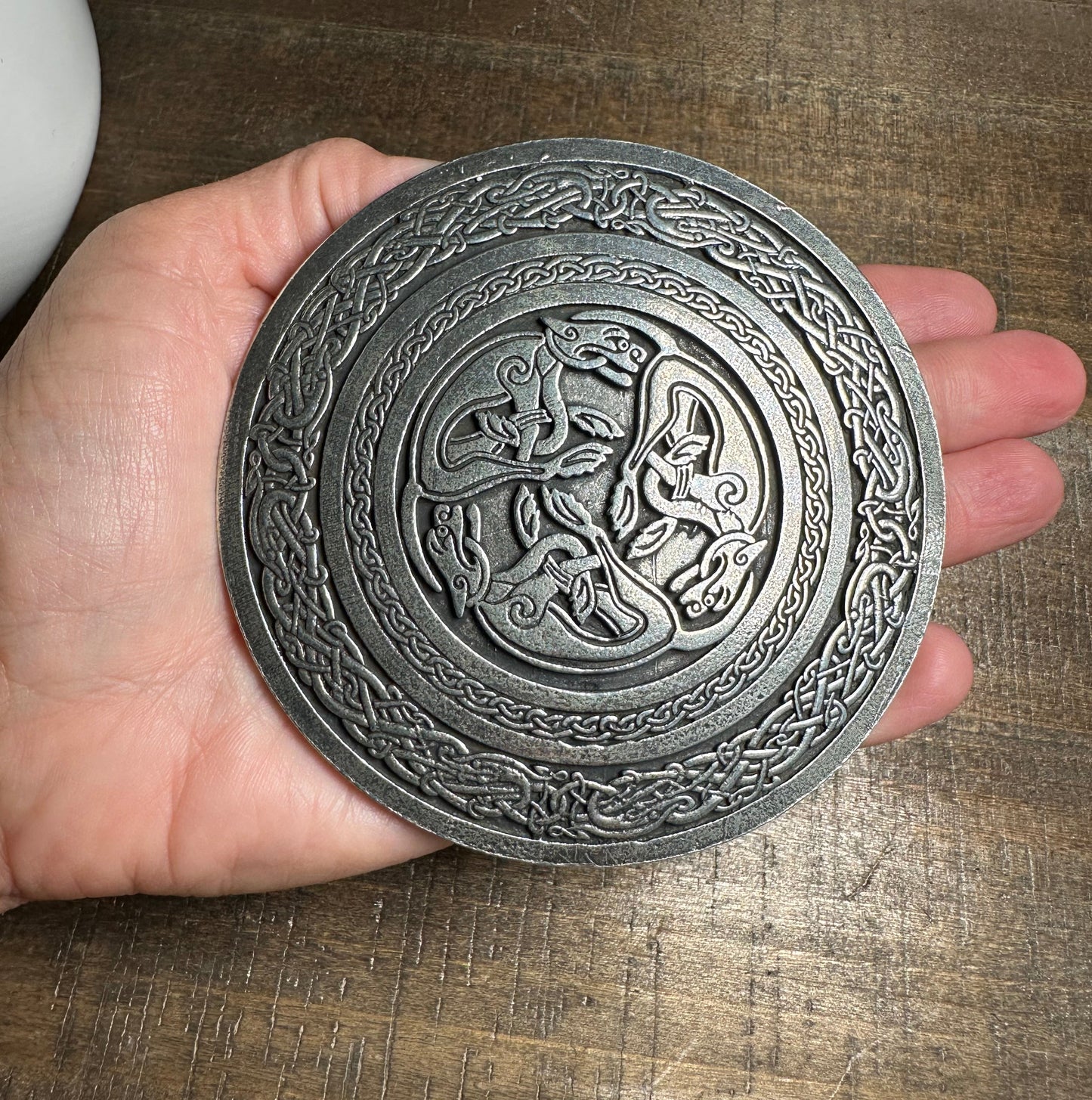 Round Celtic Hounds Kilt Belt Buckle - Handmade in Scotland