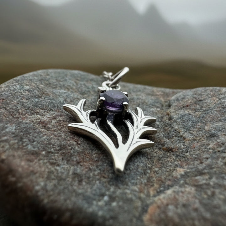 Petite Jacobite Scottish Thistle Amethyst Necklace in Sterling Silver