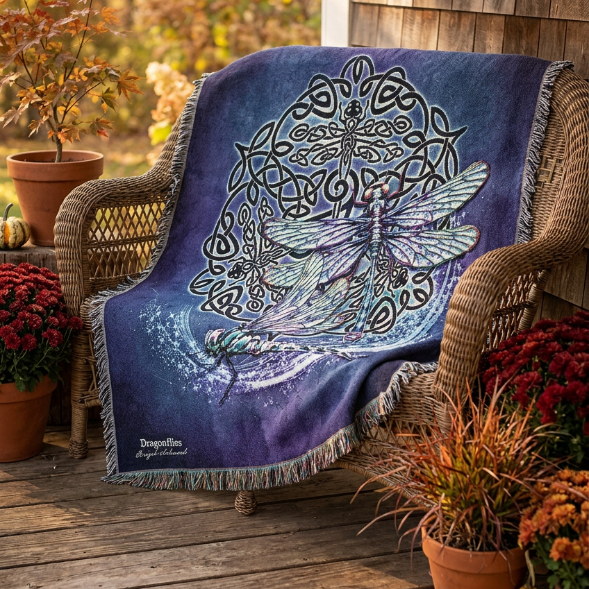 A woven throw blanket featuring a detailed fantasy design of two dragonflies surrounded by Celtic knotwork and a tree motif on a dark purple background, finished with fringed edges.