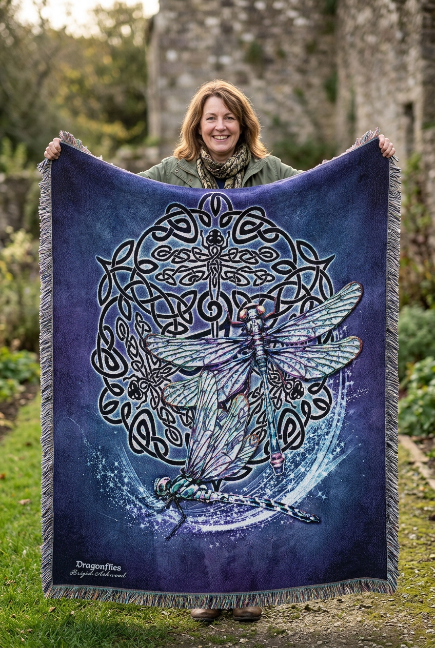 A woven throw blanket featuring a detailed fantasy design of two dragonflies surrounded by Celtic knotwork and a tree motif on a dark purple background, finished with fringed edges.