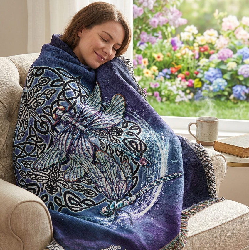 A woven throw blanket featuring a detailed fantasy design of two dragonflies surrounded by Celtic knotwork and a tree motif on a dark purple background, finished with fringed edges.