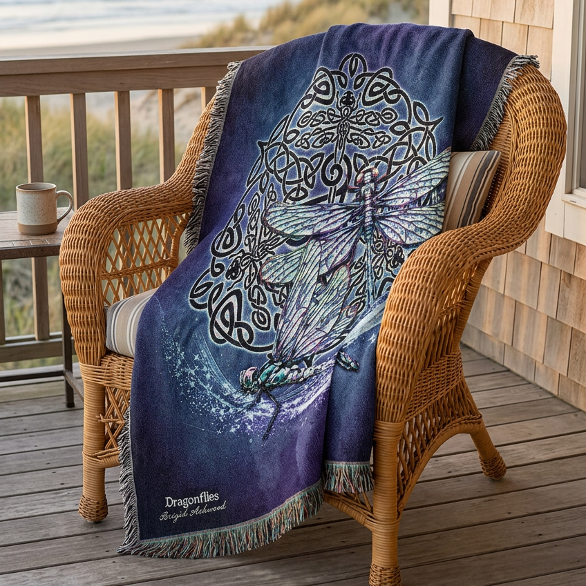 A woven throw blanket featuring a detailed fantasy design of two dragonflies surrounded by Celtic knotwork and a tree motif on a dark purple background, finished with fringed edges.