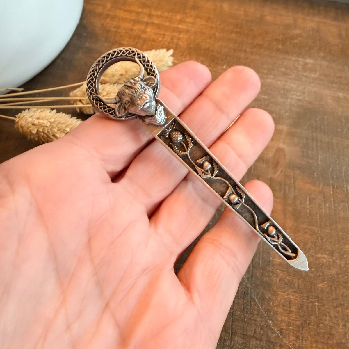 Celtic Highland Cow Thistle Kilt Pin - Handmade in Scotland