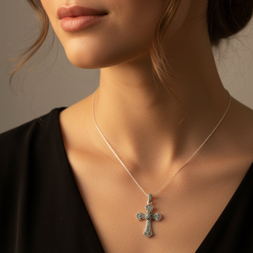 Lovely Marcasite Cross Necklace in Sterling Silver