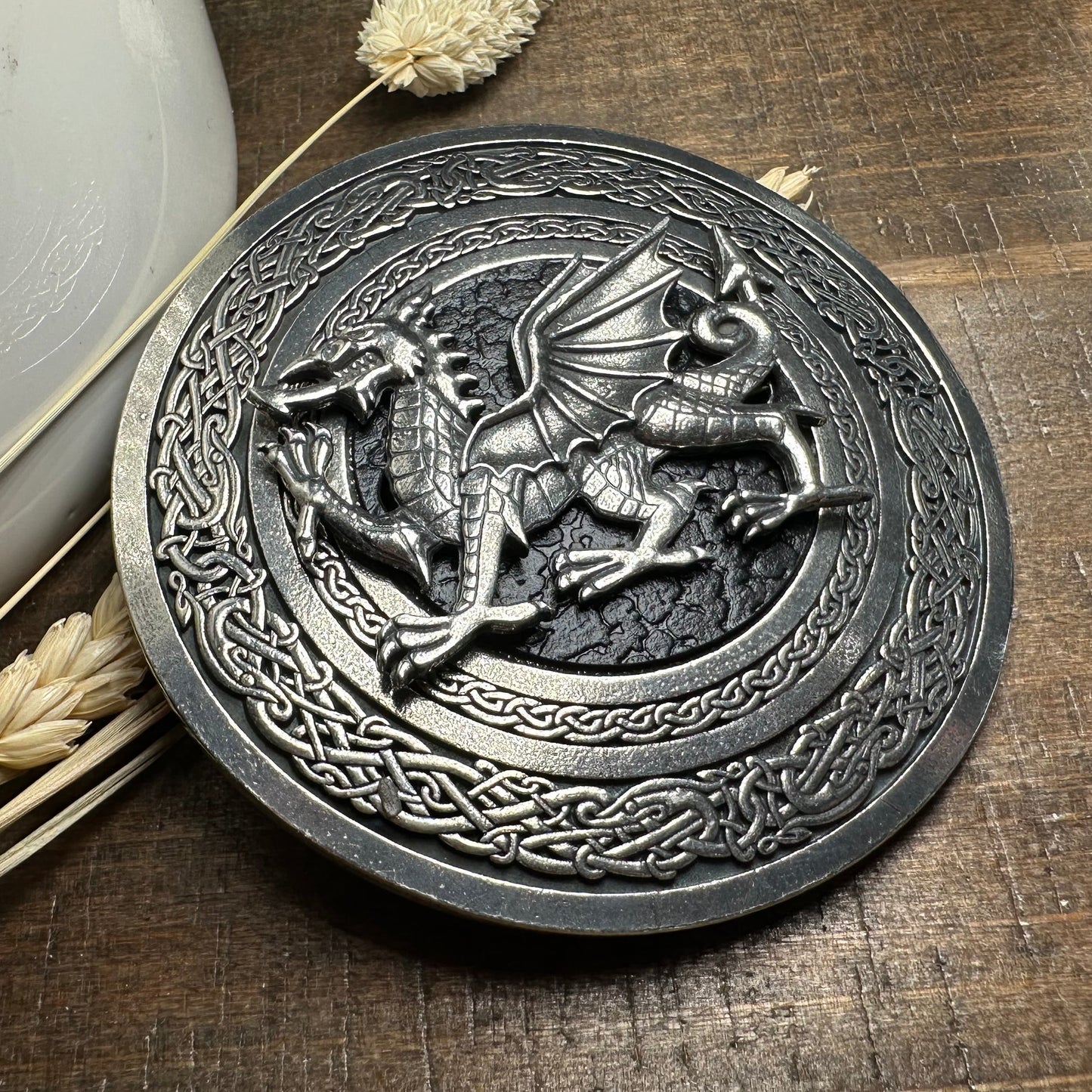Round Celtic Welsh Dragon Kilt Belt Buckle - Handmade in Scotland