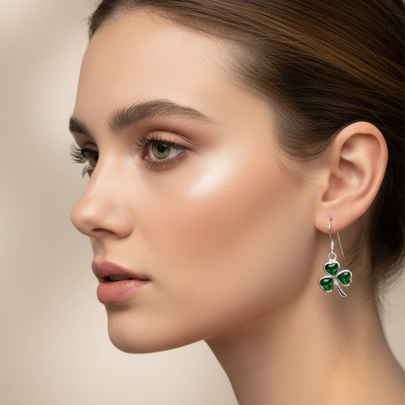 Sparkle Emerald Irish Shamrock Earrings in Sterling Silver