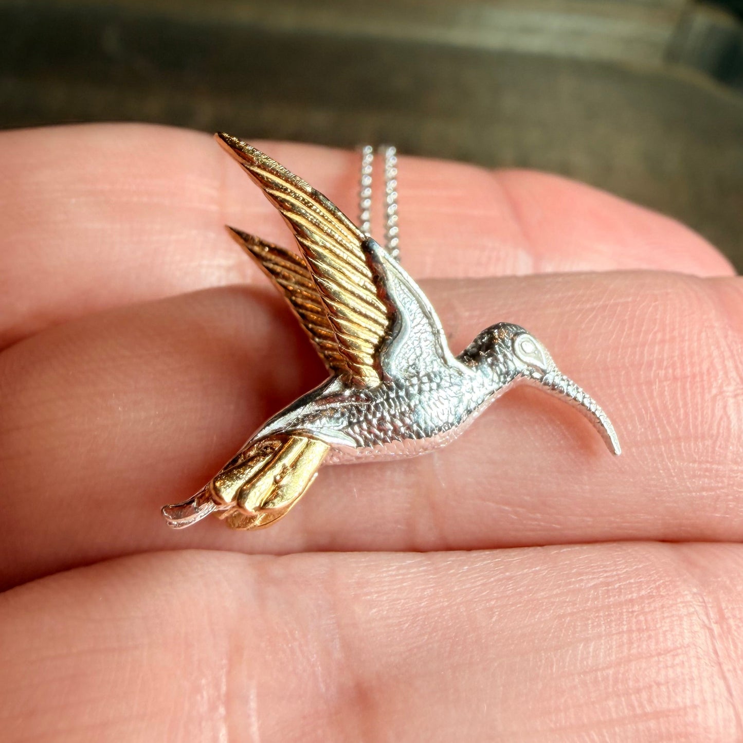 Golden Wing Hummingbird Necklace in Sterling Silver