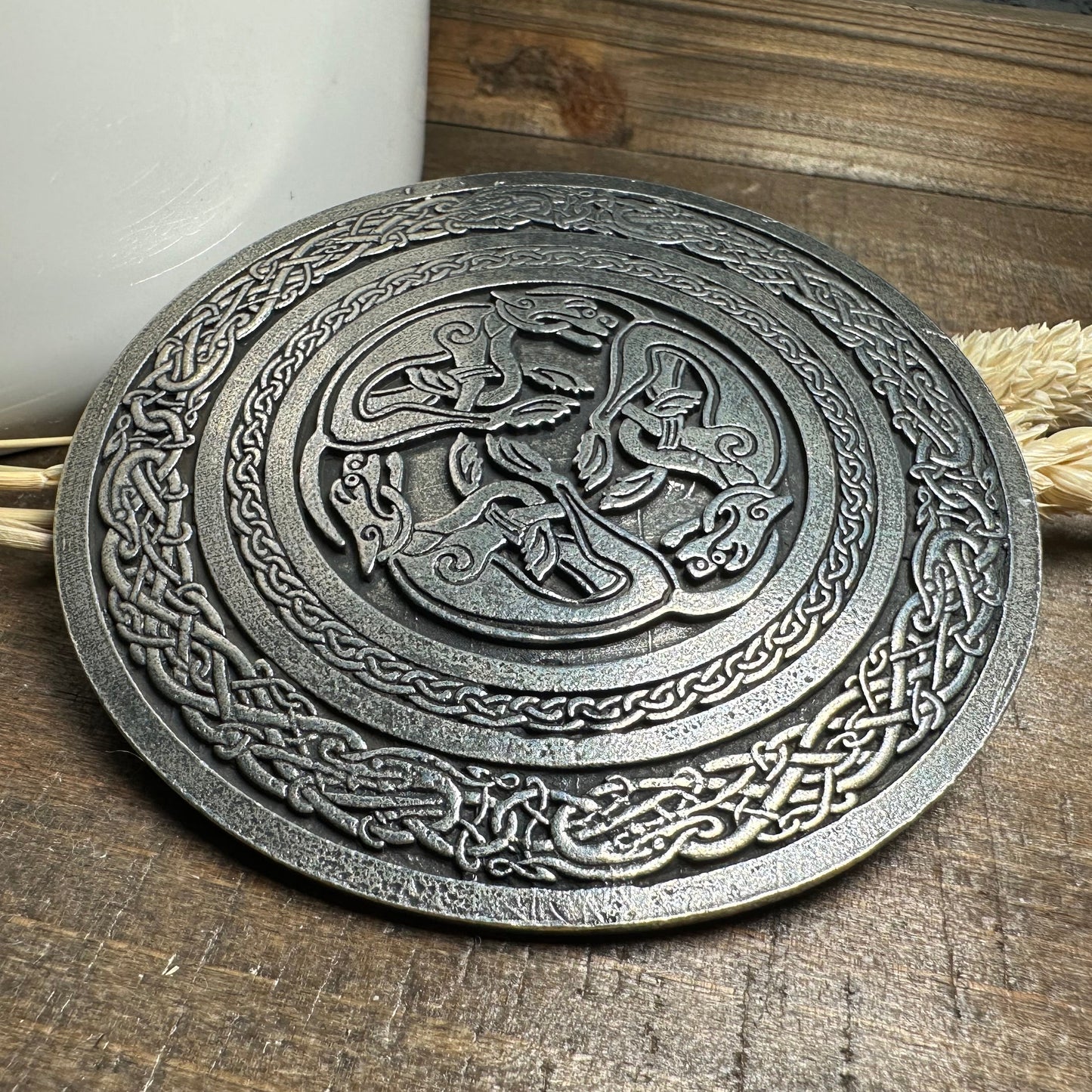 Round Celtic Hounds Kilt Belt Buckle - Handmade in Scotland