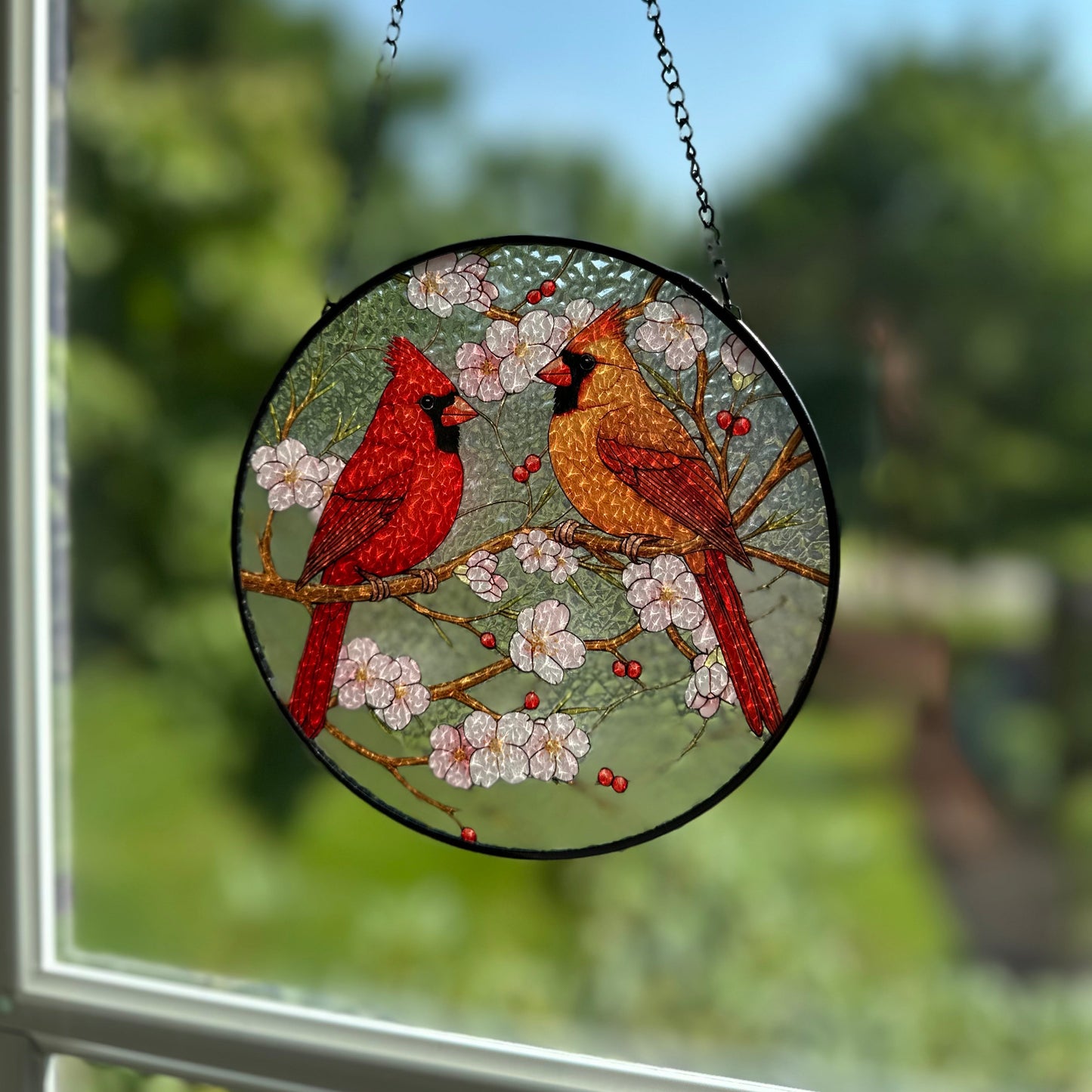 Cherry Blossom Cardinal Couple Suncatcher