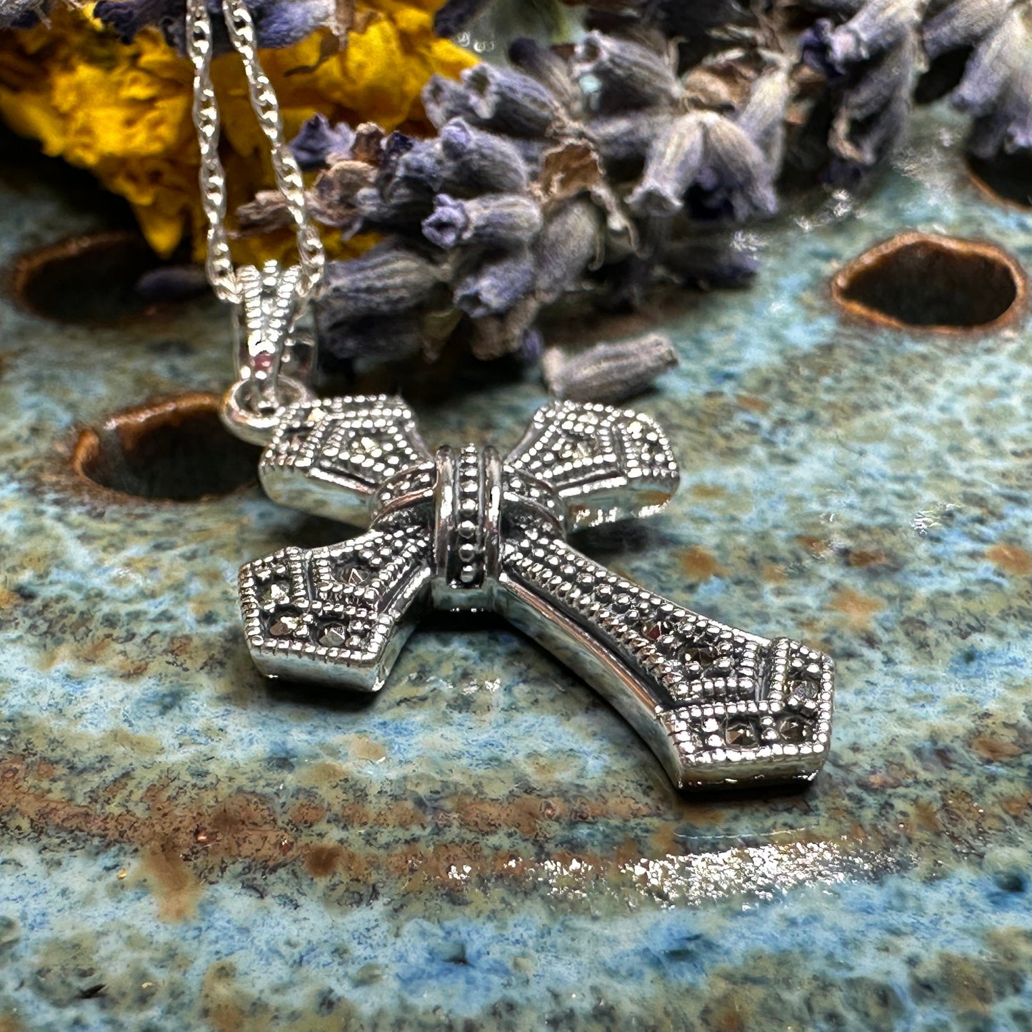 Lovely Marcasite Cross Necklace in Sterling Silver