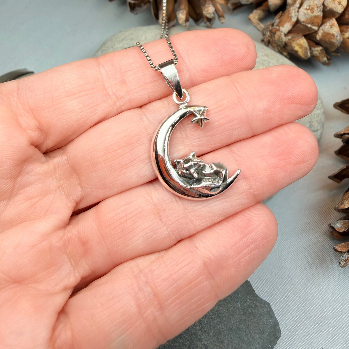 Fox on the Moon Necklace in Sterling Silver