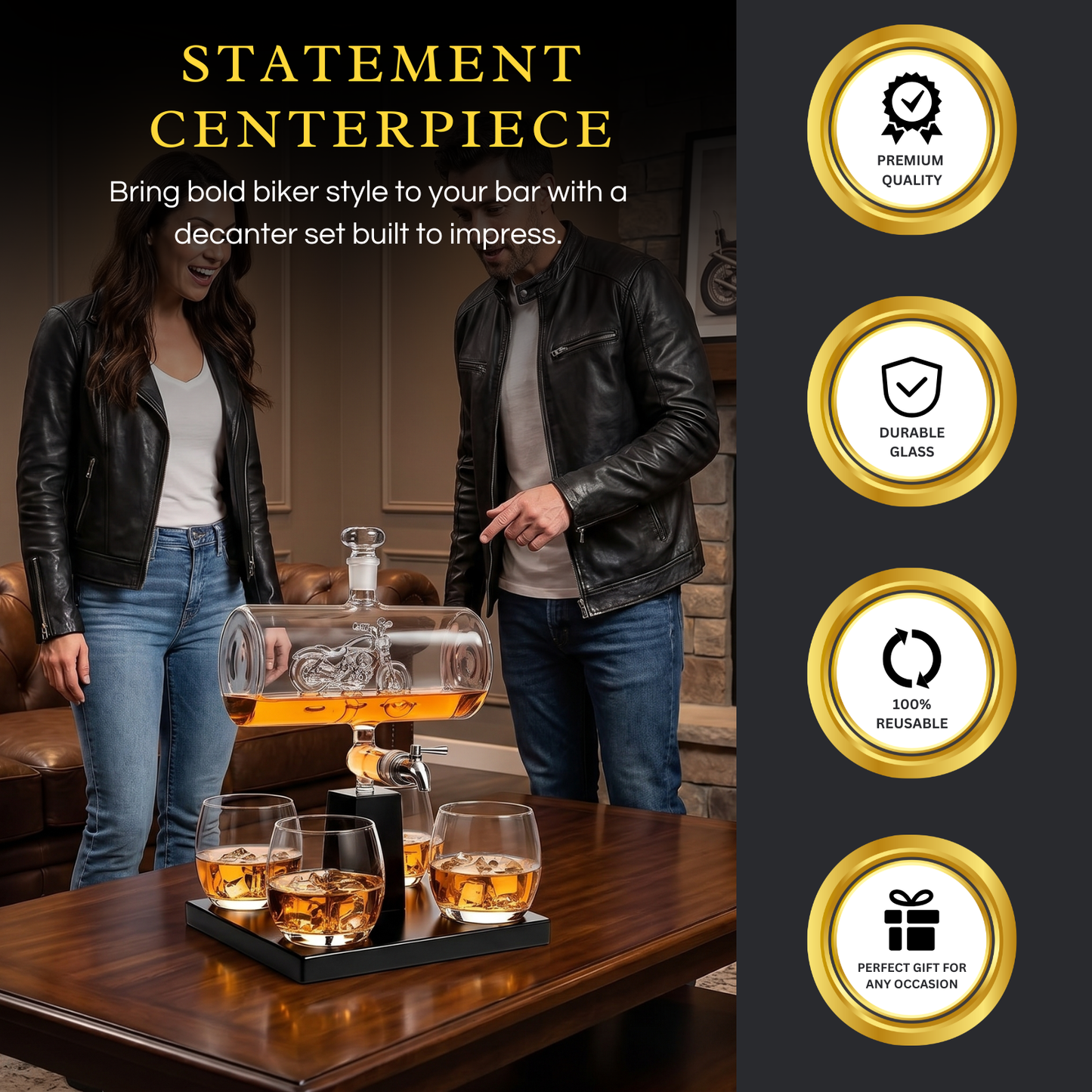 Motorcycle Decanter Whiskey Decanter Set with 4 Whiskey Glasses