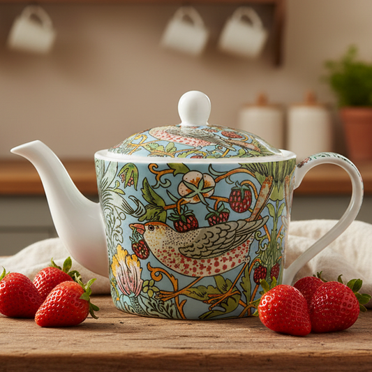 A William Morris ceramic teapot with a light blue background and a detailed floral bird pattern, styled on a wooden table with fresh strawberries in a warm kitchen setting.