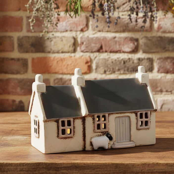 A small decorative Irish cottage-shaped ceramic holder or candle holder sits on a wooden surface in front of a blurred brick wall. The house has an off-white body, a dark gray roof, brown distressed detailing around the windows and edges, a gray door, and a small black-and-white sheep figure at the base.