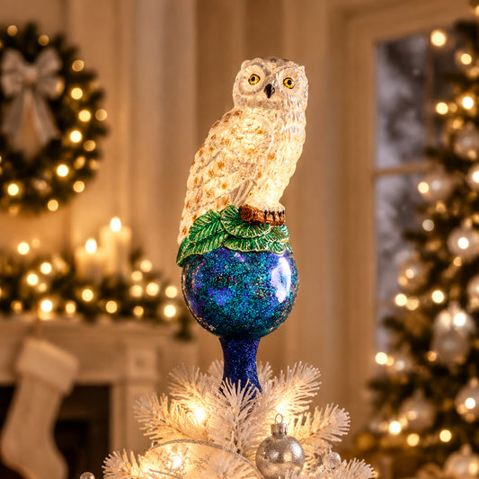White Snowy Owl Tree Topper - Handblown Glass