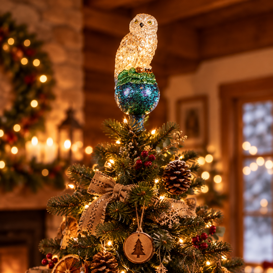 White Snowy Owl Tree Topper - Handblown Glass