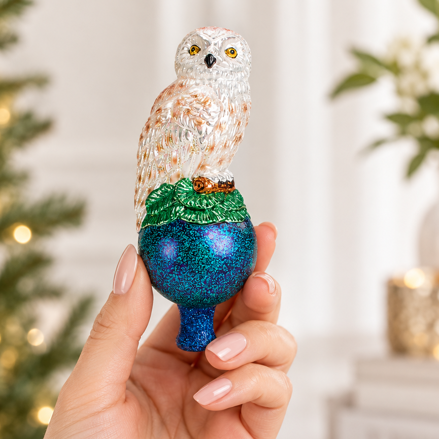 White Snowy Owl Tree Topper - Handblown Glass