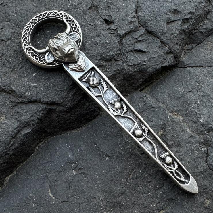 Celtic Highland Cow Thistle Kilt Pin - Handmade in Scotland