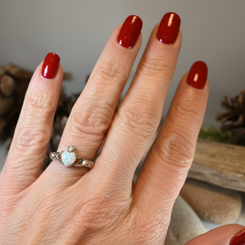 White Fire Opal Irish Claddagh Ring in Sterling Silver