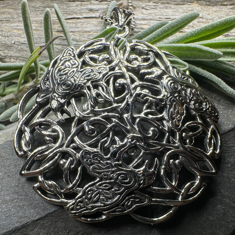 Pictish Triple Celtic Raven Necklace in Sterling Silver