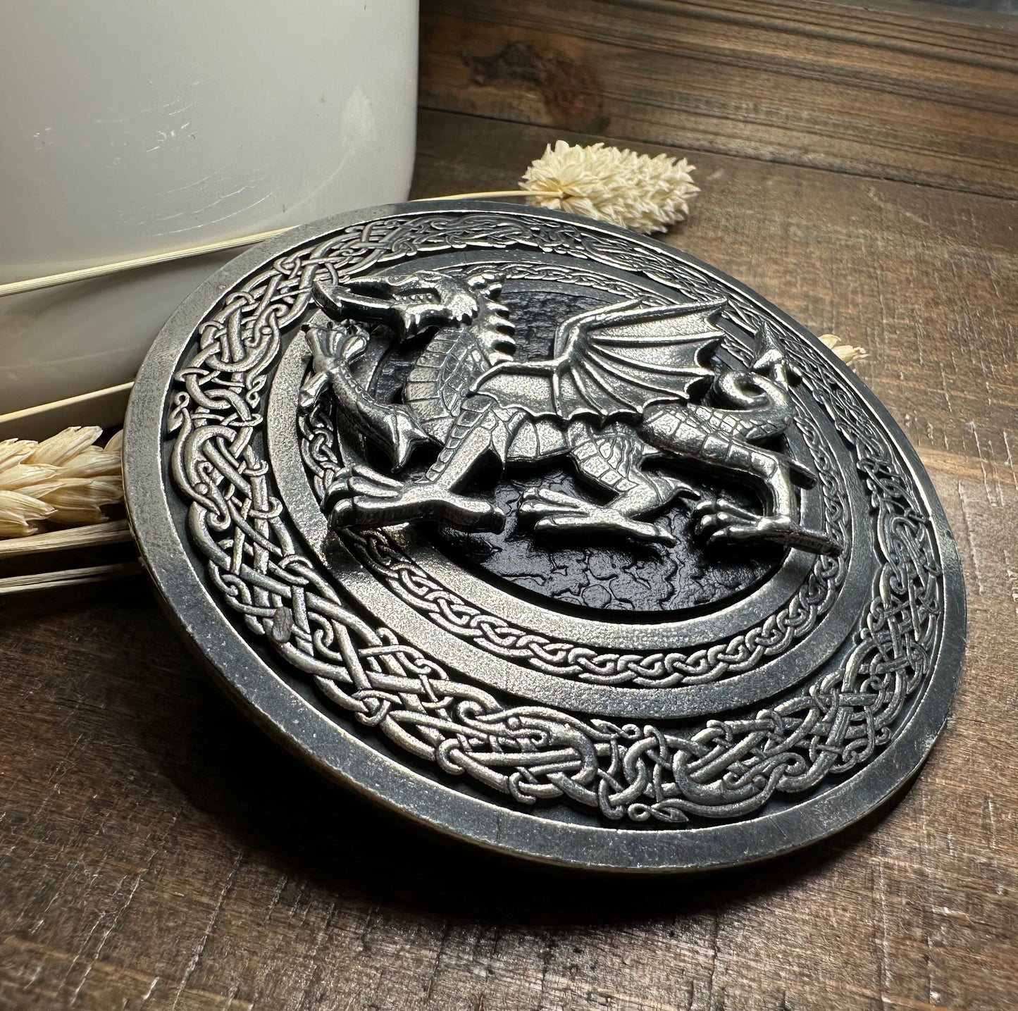 Round Celtic Welsh Dragon Kilt Belt Buckle - Handmade in Scotland
