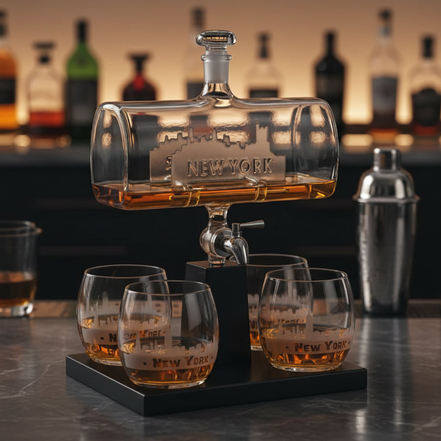 New York City Skyline Whiskey Decanter Set with 4 Glasses