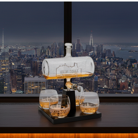 New York City Skyline Whiskey Decanter Set with 4 Glasses