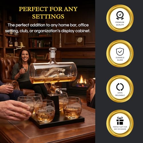 Bass Fish Wine Whiskey Decanter Set with 4 Bass Whiskey Glasses