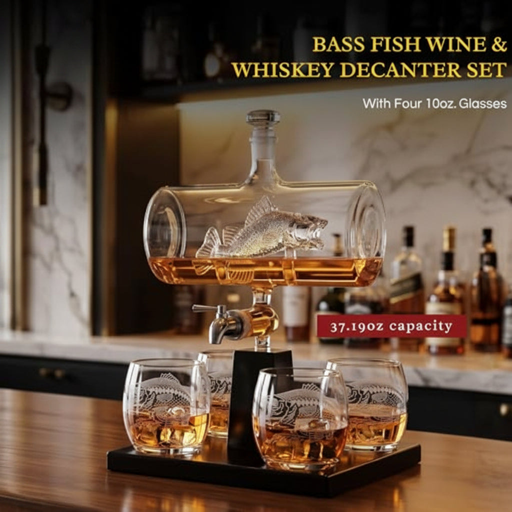 Bass Fish Wine Whiskey Decanter Set with 4 Bass Whiskey Glasses