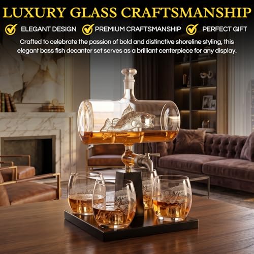 Bass Fish Wine Whiskey Decanter Set with 4 Bass Whiskey Glasses