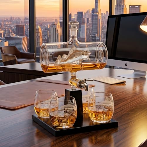 Bass Fish Wine Whiskey Decanter Set with 4 Bass Whiskey Glasses
