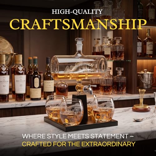 Bass Fish Wine Whiskey Decanter Set with 4 Bass Whiskey Glasses