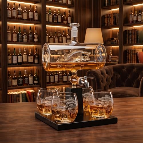Bass Fish Wine Whiskey Decanter Set with 4 Bass Whiskey Glasses