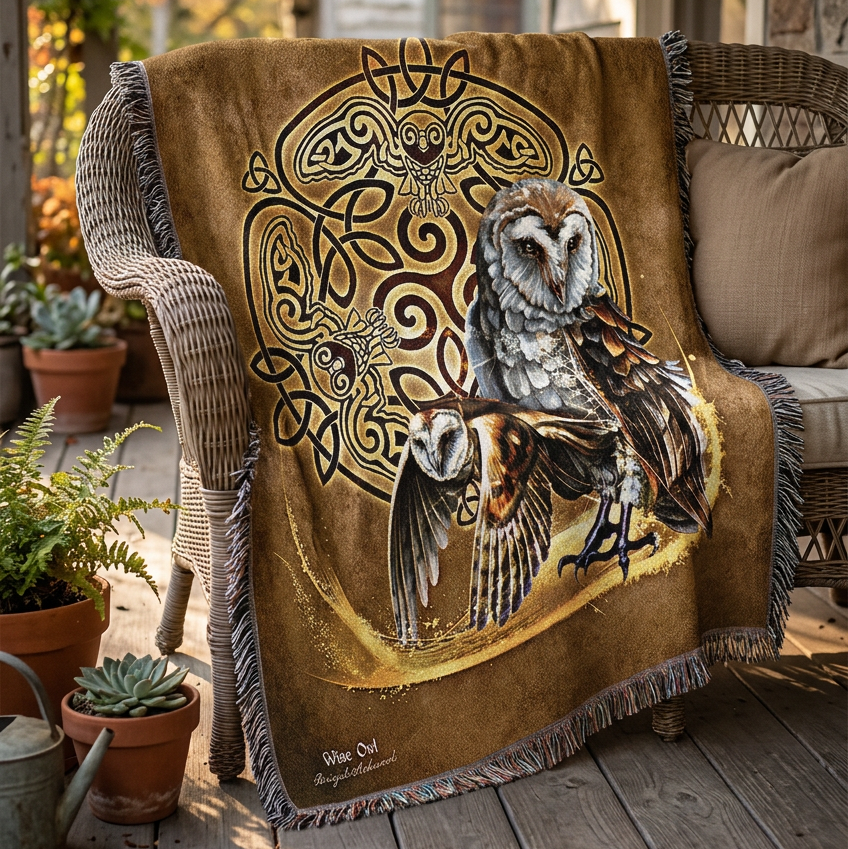 A square woven throw blanket with fringe edges, featuring a brown Celtic-style background with an owl and barn owl illustration, surrounded by a circular knotwork motif. The blanket is photographed flat against a white background.