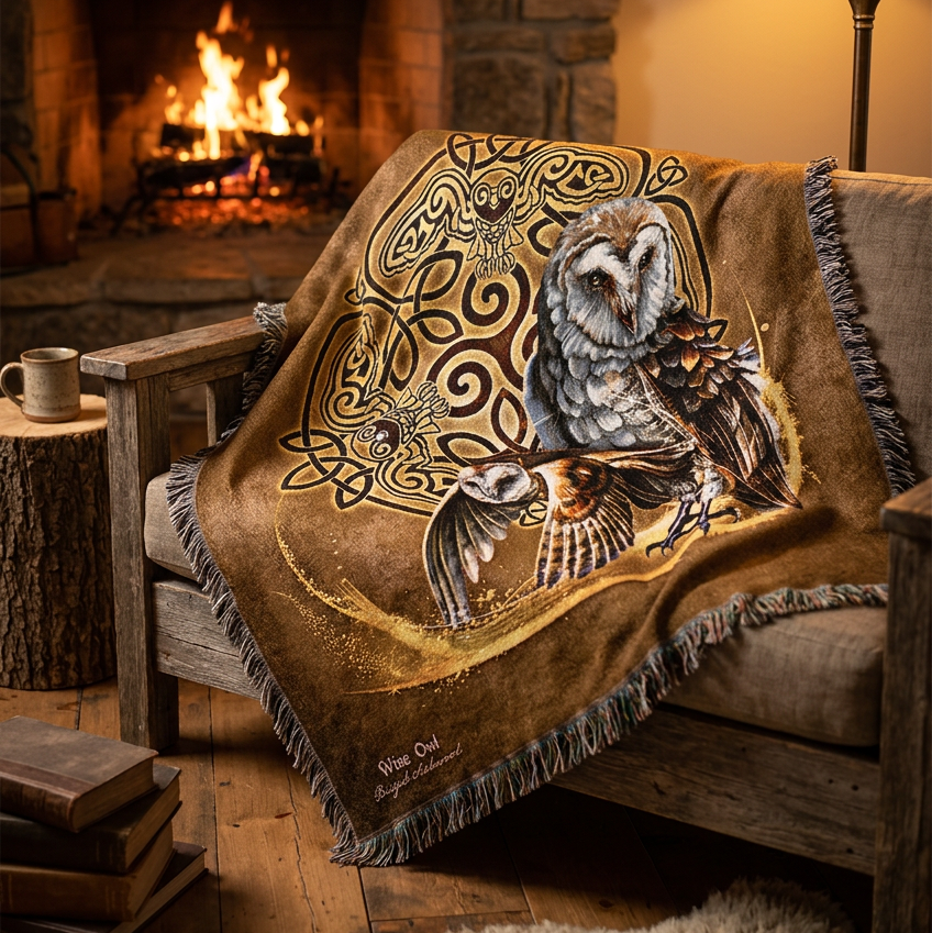 A square woven throw blanket with fringe edges, featuring a brown Celtic-style background with an owl and barn owl illustration, surrounded by a circular knotwork motif. The blanket is photographed flat against a white background.