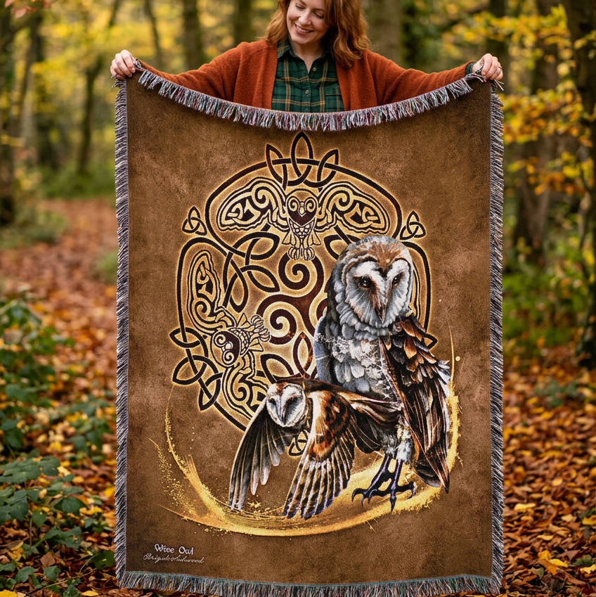 A square woven throw blanket with fringe edges, featuring a brown Celtic-style background with an owl and barn owl illustration, surrounded by a circular knotwork motif. The blanket is photographed flat against a white background.