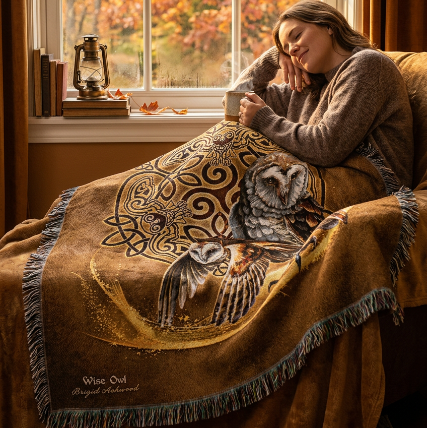 A square woven throw blanket with fringe edges, featuring a brown Celtic-style background with an owl and barn owl illustration, surrounded by a circular knotwork motif. The blanket is photographed flat against a white background.