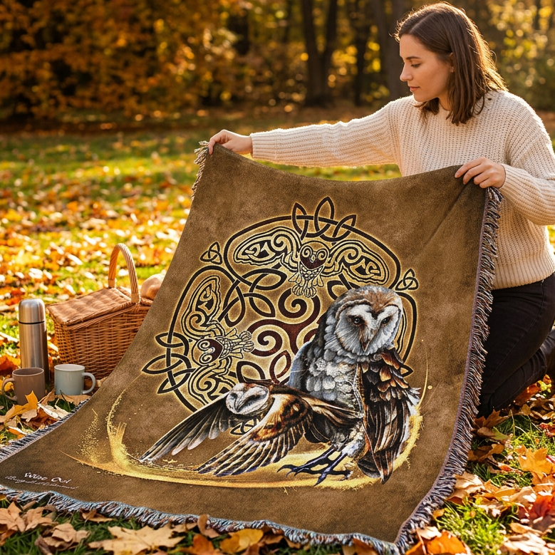 A square woven throw blanket with fringe edges, featuring a brown Celtic-style background with an owl and barn owl illustration, surrounded by a circular knotwork motif. The blanket is photographed flat against a white background.