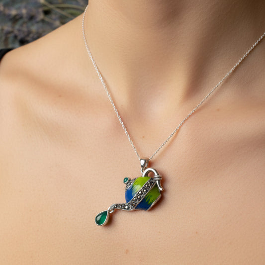 Spot of Tea Teapot Marcasite Necklace in Sterling Silver