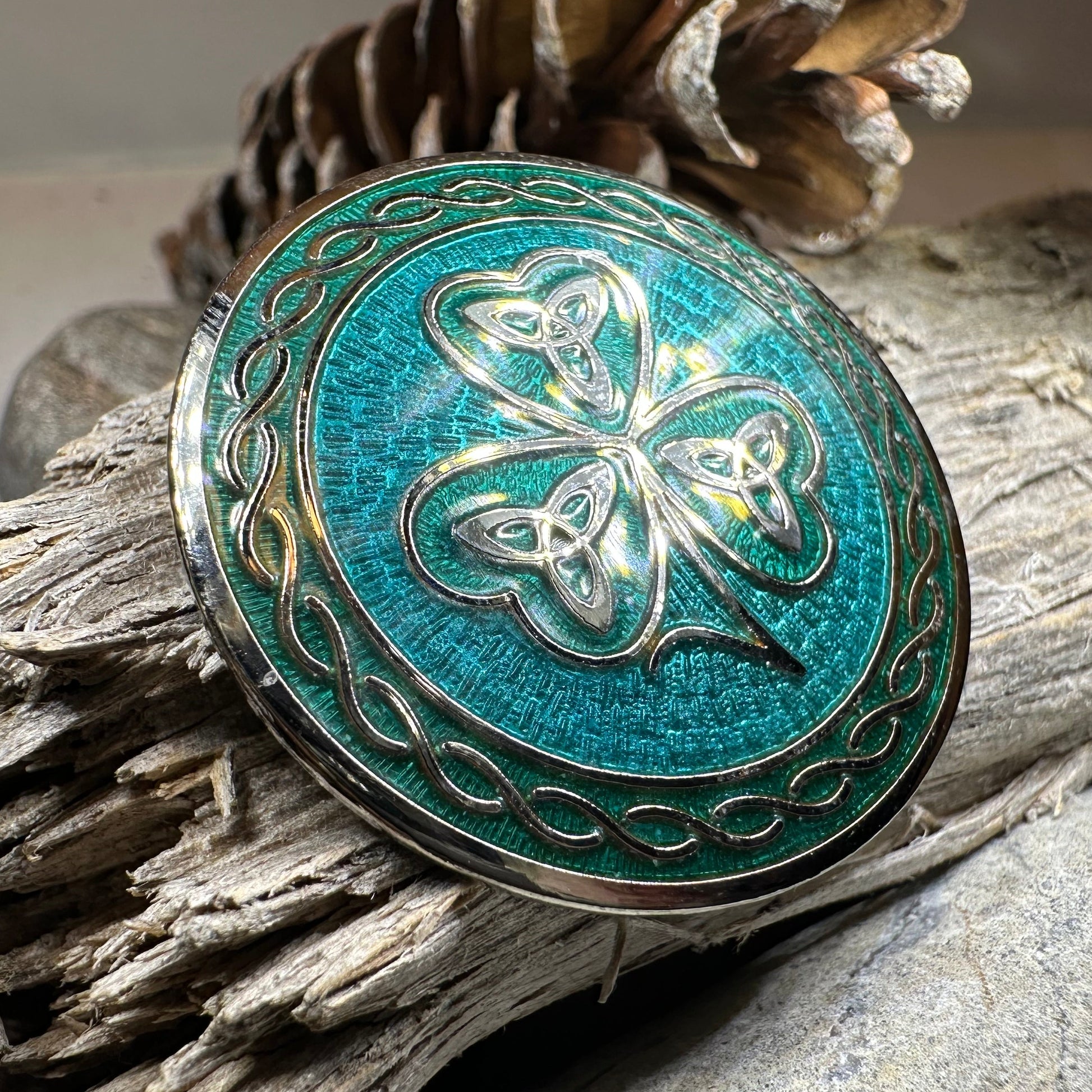 Enamel Celtic Shamrock Brooch with Trinity Knots — view 7