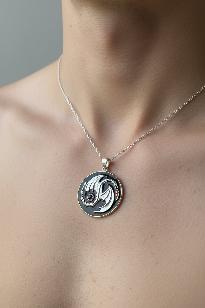 Dragon Yin Yang Garnet Necklace in Sterling Silver