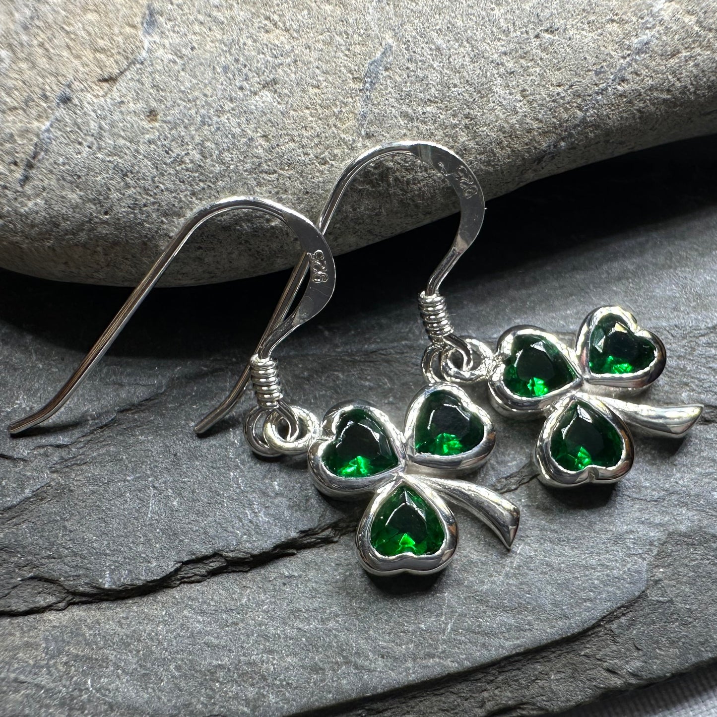 Sparkle Emerald Irish Shamrock Earrings in Sterling Silver — view 3