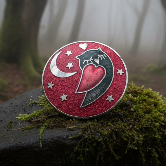 Red Enamel Owl Love Brooch in silver