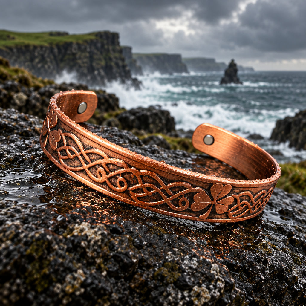 A copper-colored metal cuff bracelet with an engraved Celtic knot and clover pattern, resting on a smooth gray stone with pinecones in the background.