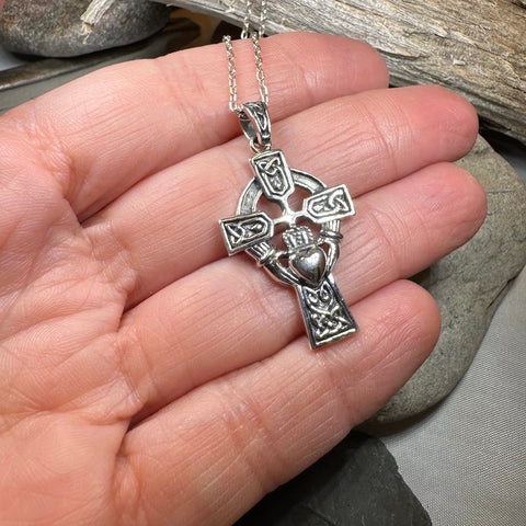Load image into Gallery viewer, Galway Irish Claddagh Cross Necklace in Sterling Silver
