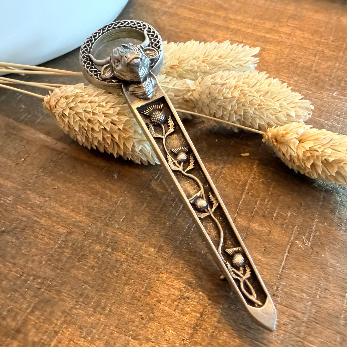Celtic Highland Cow Thistle Kilt Pin - Handmade in Scotland