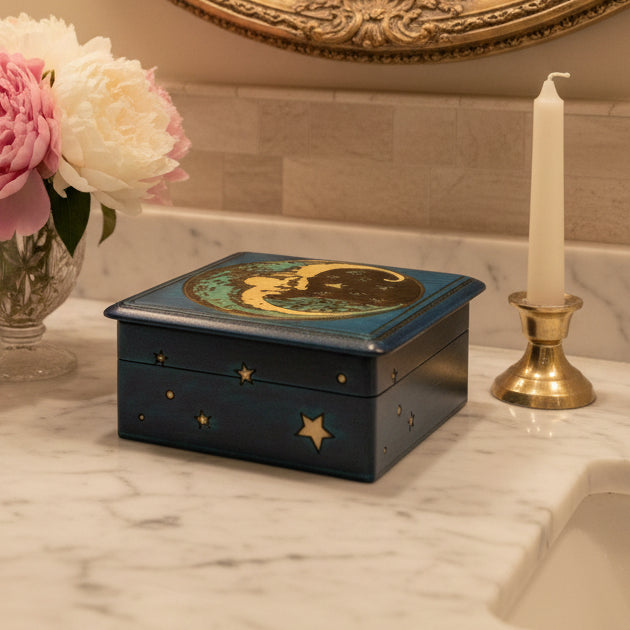 Midnight Blue Crescent Moon Keepsake Box - Handmade Wooden Box